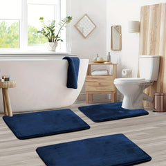 3pc Navy Bathmat Set Non Slip Bathroom Rug Cozy U Shape Mat Toilet Lid Cover Pad