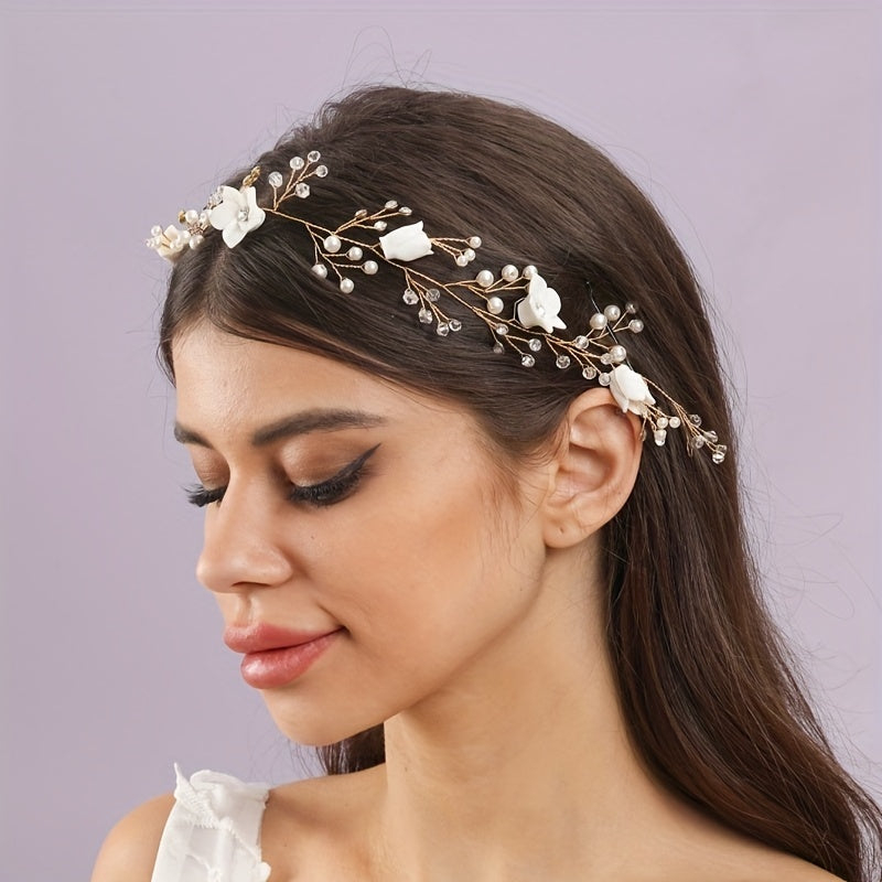 Faux Pearl Flower Headband Tiara for Women Party Hair Accessory