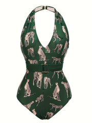 Leopard Print V Neck One Piece Bathing Suit
