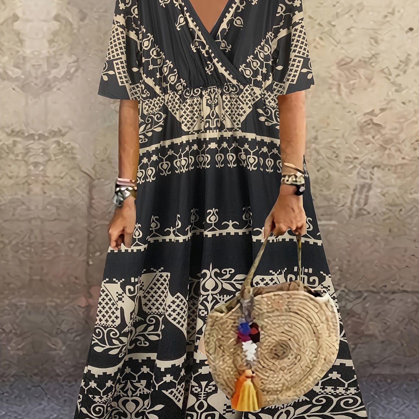 Boho Dress Women's Plus Geometric Print V Neck Short Sleeve Maxi Dress