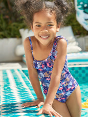 Girls Leaf Stripes One piece Swimsuit Ruffle Trim Beach Clothes