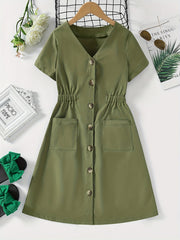 Girls V Neck Button Down Tunic Dress With Pockets
