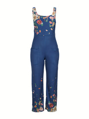Floral Print Dual Pockets Overall Jumpsuit Casual Wide Leg Jumpsuit