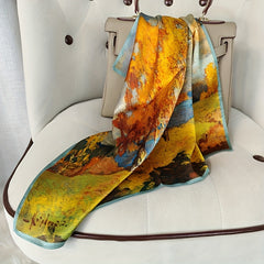 Vintage Golden Print Square Scarf Satin Head Scarf for Women