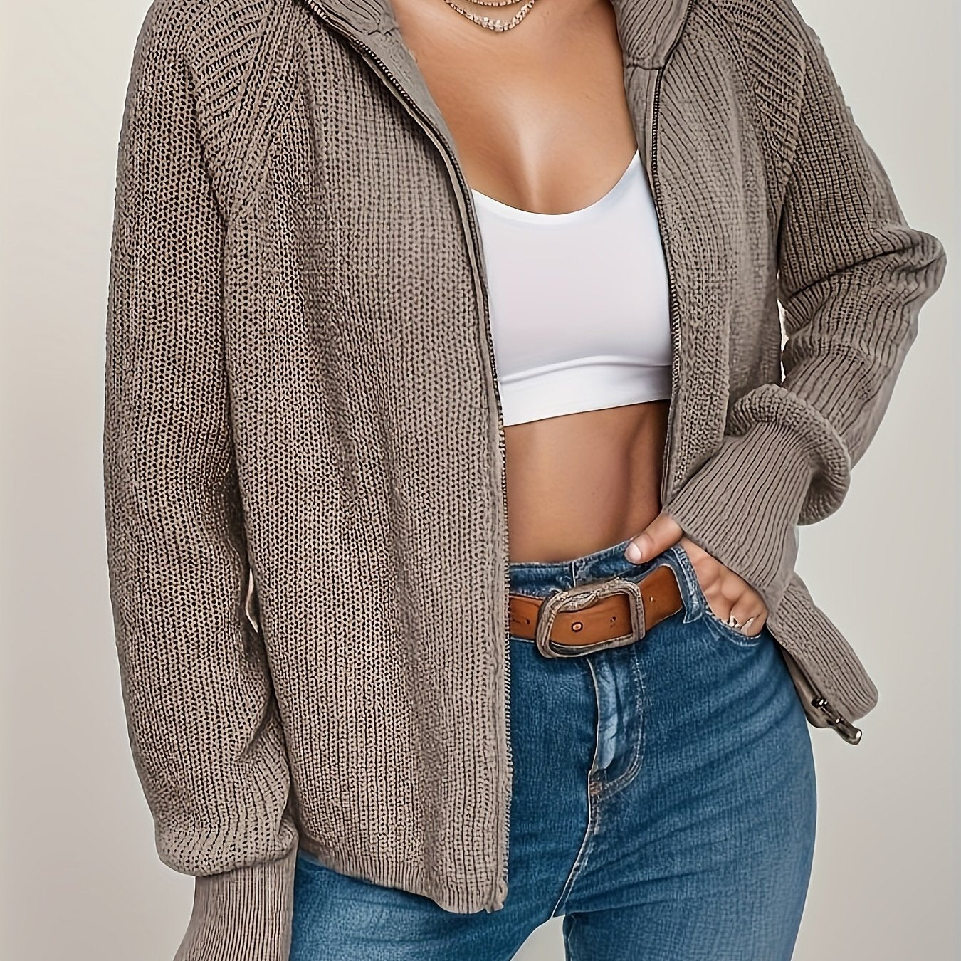 Solid Zip Up Hooded Knit Cardigan Long Sleeve Sweater