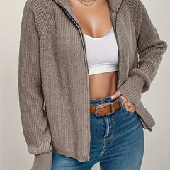 Solid Zip Up Hooded Knit Cardigan Long Sleeve Sweater