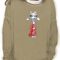Christmas Giraffe Print Sweatshirt Long Sleeve Crew Neck Women's Clothing