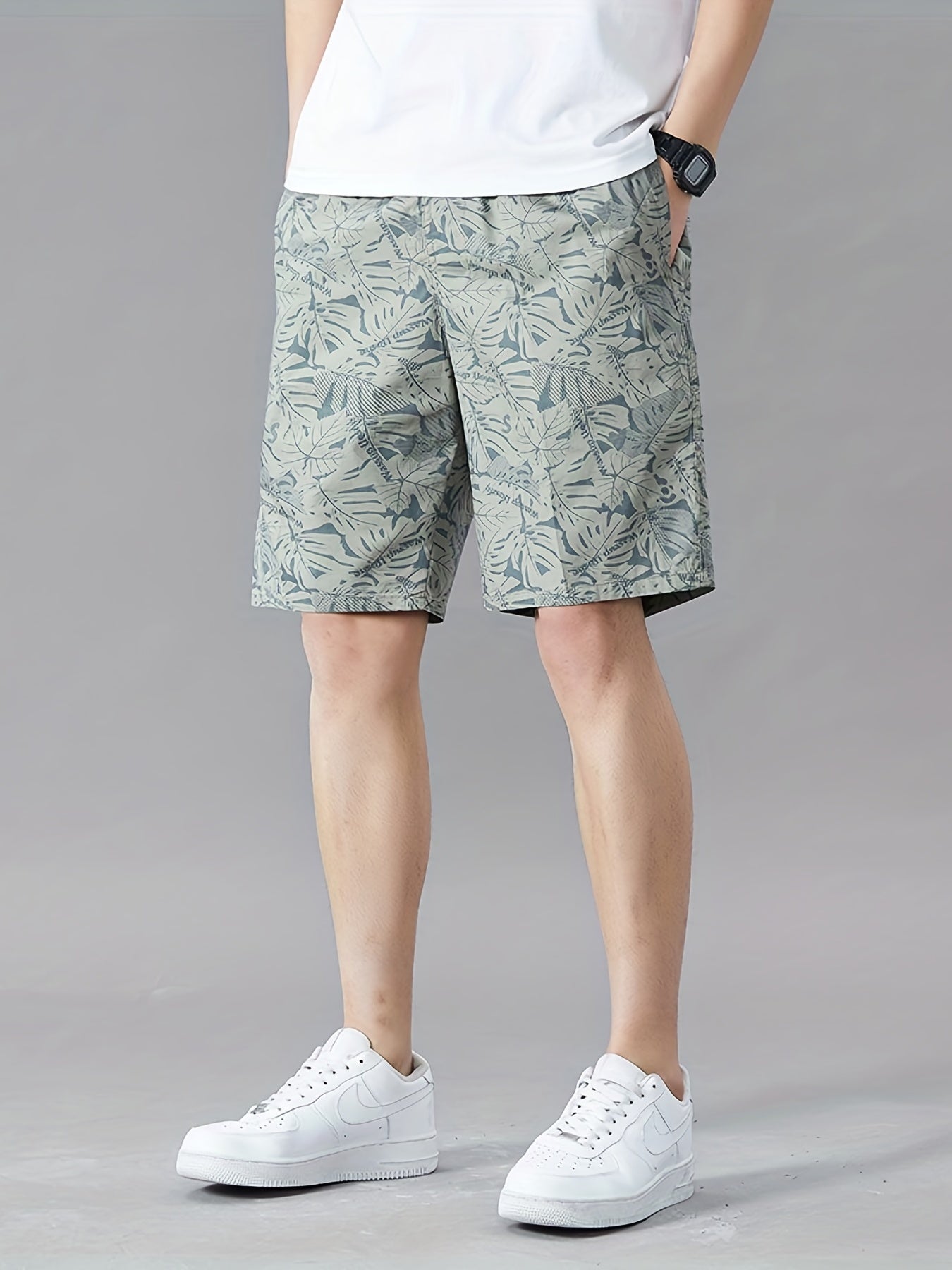 Men's Cotton Leaf Pattern Drawstring Shorts