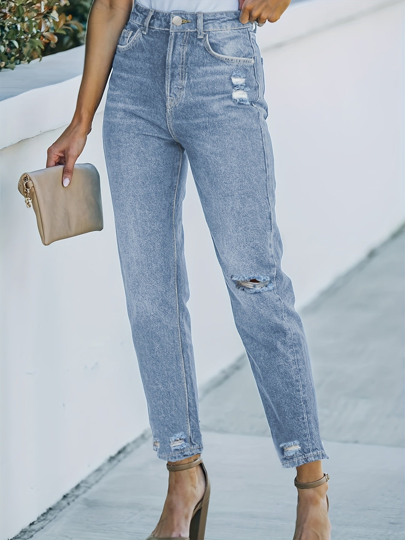 Loose Fit Straight Jeans with Ripped Holes