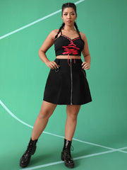 Solid Metal Chain Decor Zip Up Skirt Women's Plus High Waist Mini Skirt