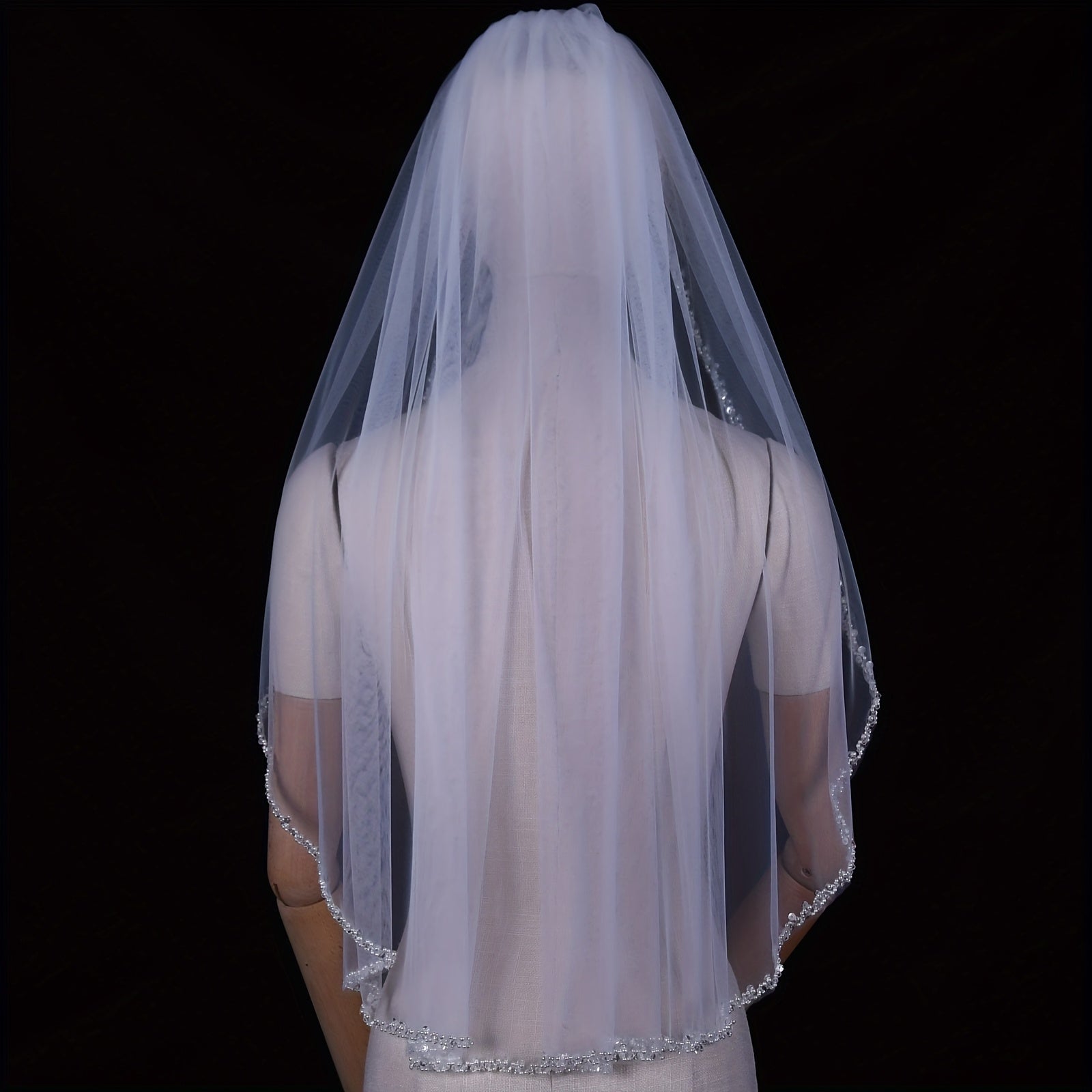 Chapel Length Wedding Veil Organza Beaded Rhinestone Edge Bridal Accessories