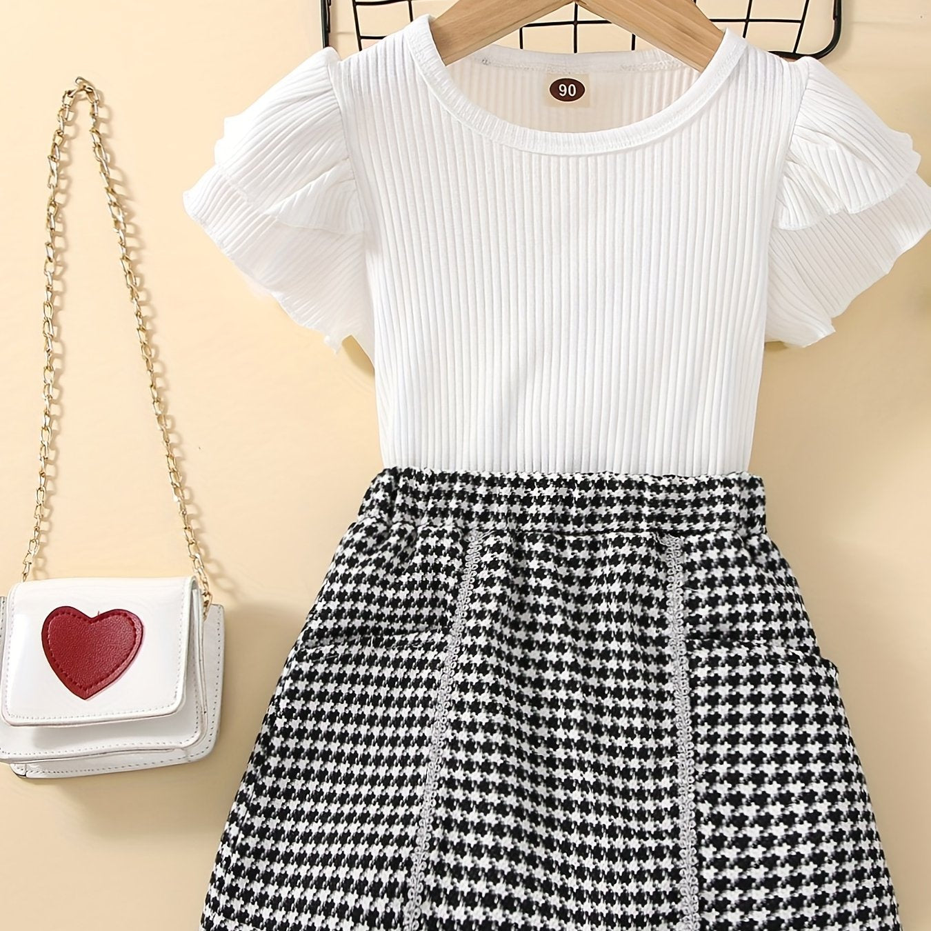 Girls' Ruffle Ribbed Cotton T-shirt & Houndstooth Skirt Set