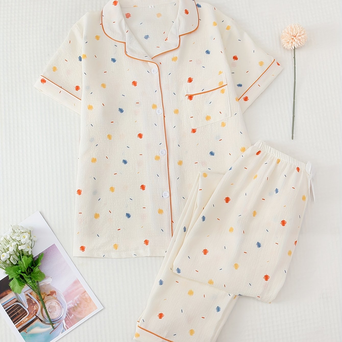Polka Dot Pajamas Set Short Sleeve Top & Pants Women's Loungewear