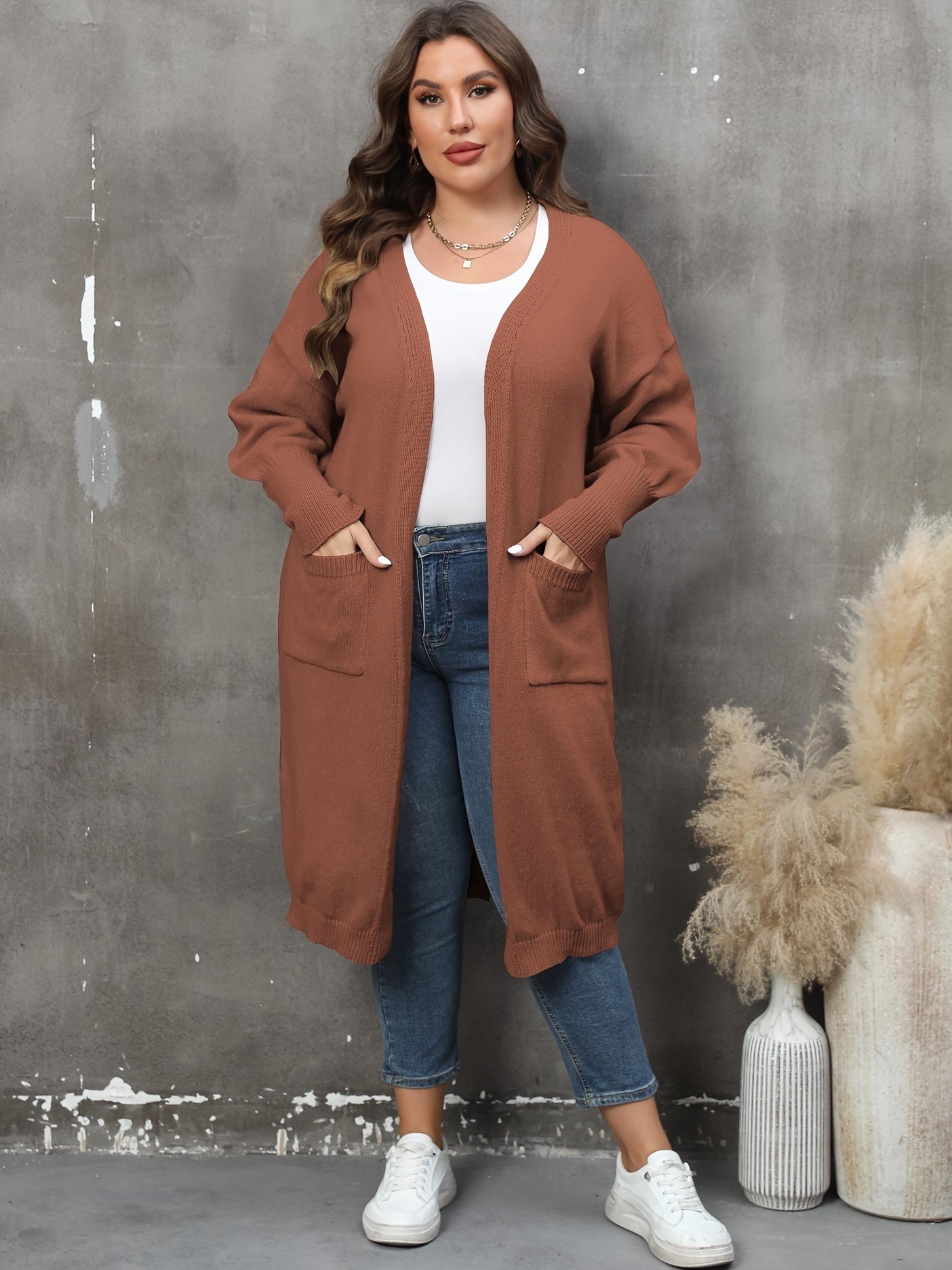 Casual Cardigan Women's Plus Solid Lantern Sleeve Open Front Cardigan
