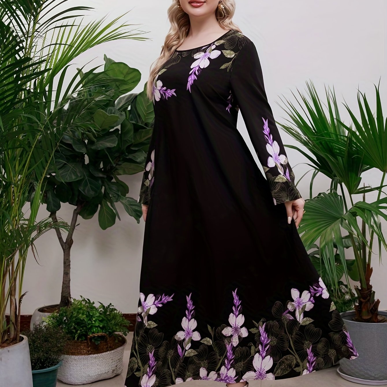 Women's Plus Floral Print Long Sleeve Maxi Tunic Dress