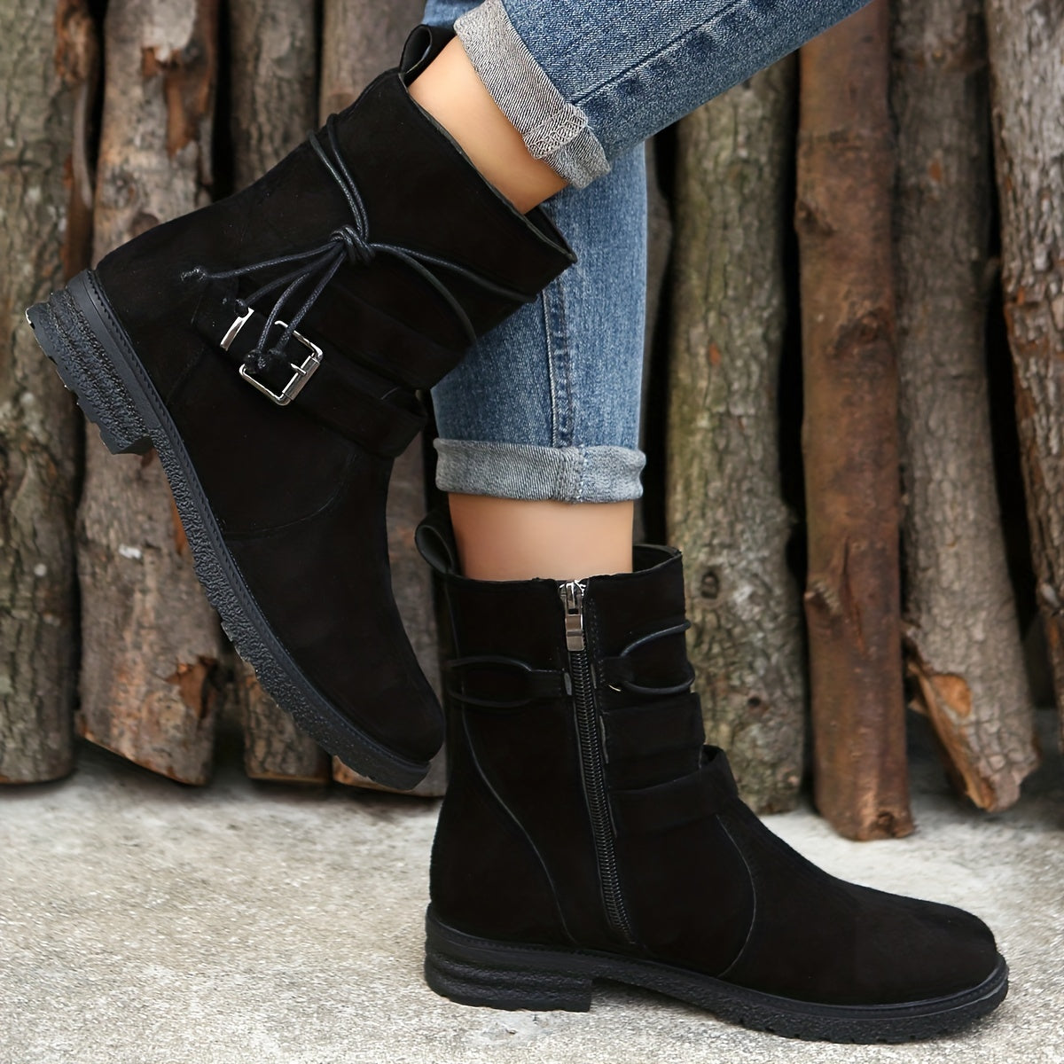 Women's Buckle Strap Decor Boots Lace Up Platform Boots