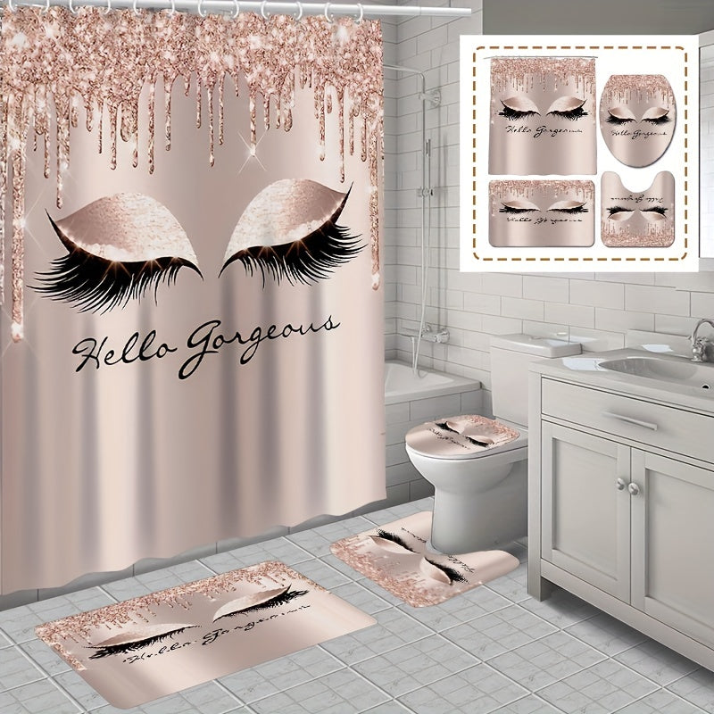 3 4pcs Rose Eyelash Shower Curtain Bathroom Mat Set