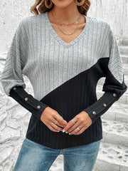 Colorblock Bat Sleeve V Neck Sweater