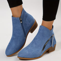Women's Stacked Heel Ankle Boots Side Zipper Pointed Toe Solid Short Boots