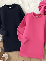 Kid Girl Solid Stand Collar Long Sleeve Knit Dress