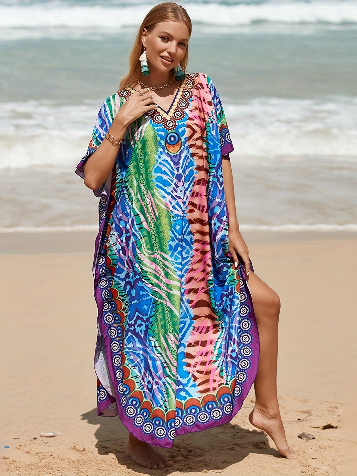 Boho Cover Up Dress Women's Plus Random Print Bat Sleeve V Neck