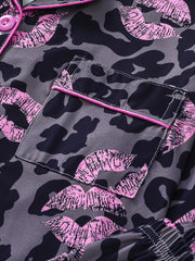 Leopard Pajama Set Long Sleeve Top & Elastic Waistband Pants