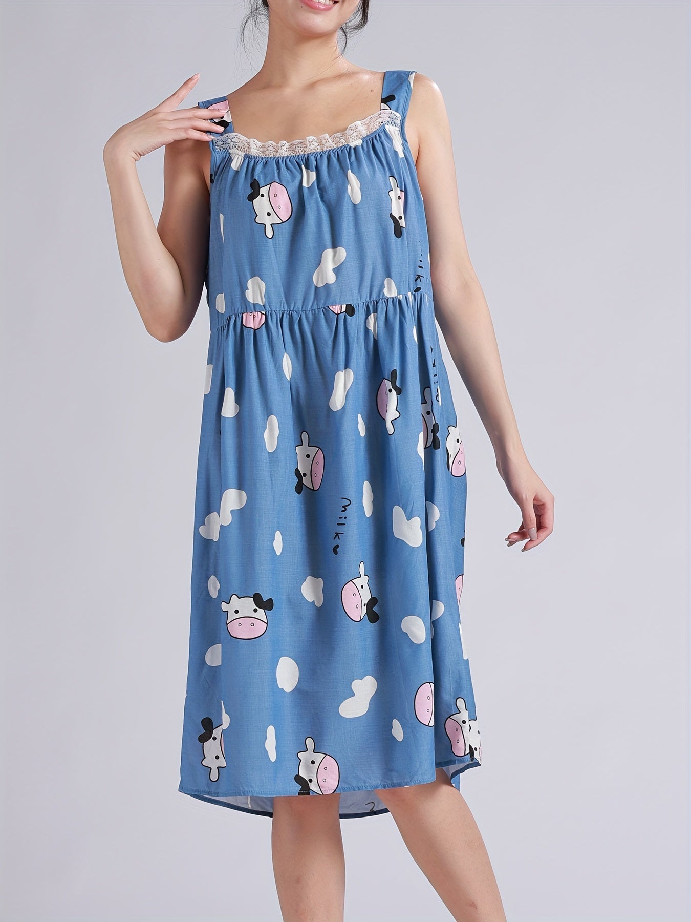 Strawberry Print Nightdress with Lace Trim Sleeves