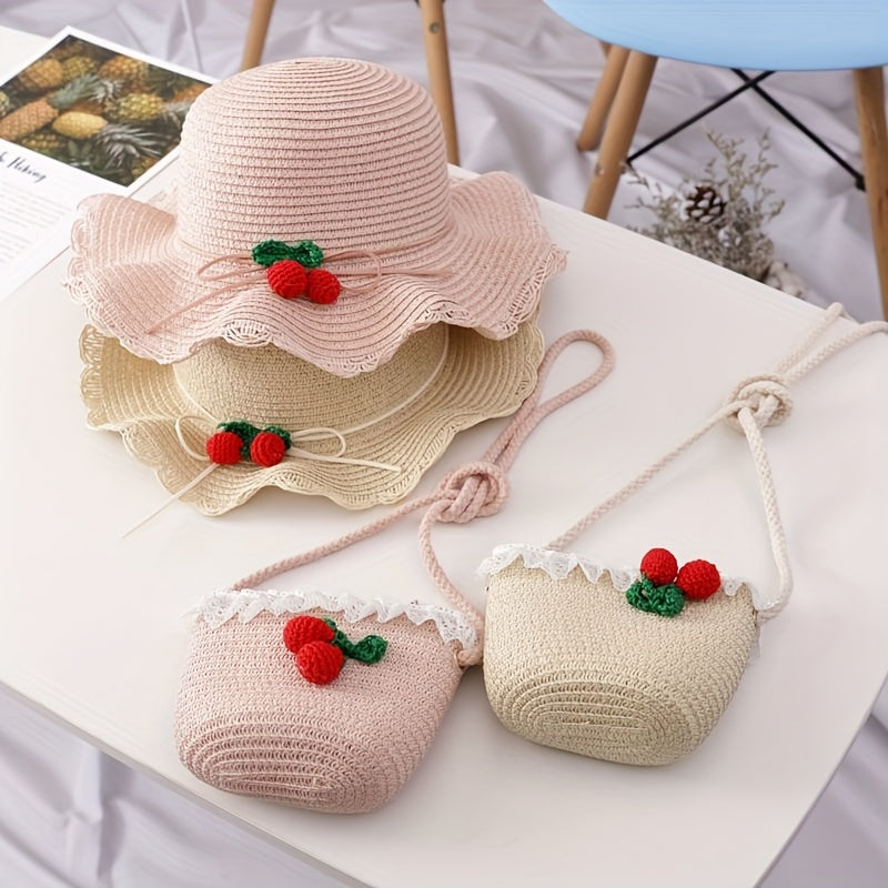 Girls Cherry Straw Sun Hat And Bag Set Lace Trim For Summer Kids