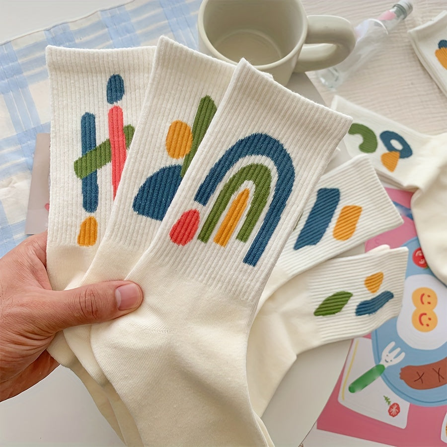 8 Pairs Graffiti Pattern Mid Tube Socks Soft Women's Stockings