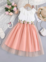 Girls Sleeveless Mesh Dress With Lace Neckline & Flowers