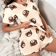Bear Print Pajamas Set Short Sleeve Top & Shorts Women's Sleepwear