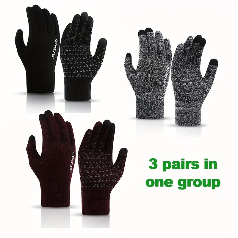 3 Pairs Winter Warm Gloves Touch Screen Knitted Gloves Outdoor Sports Windproof