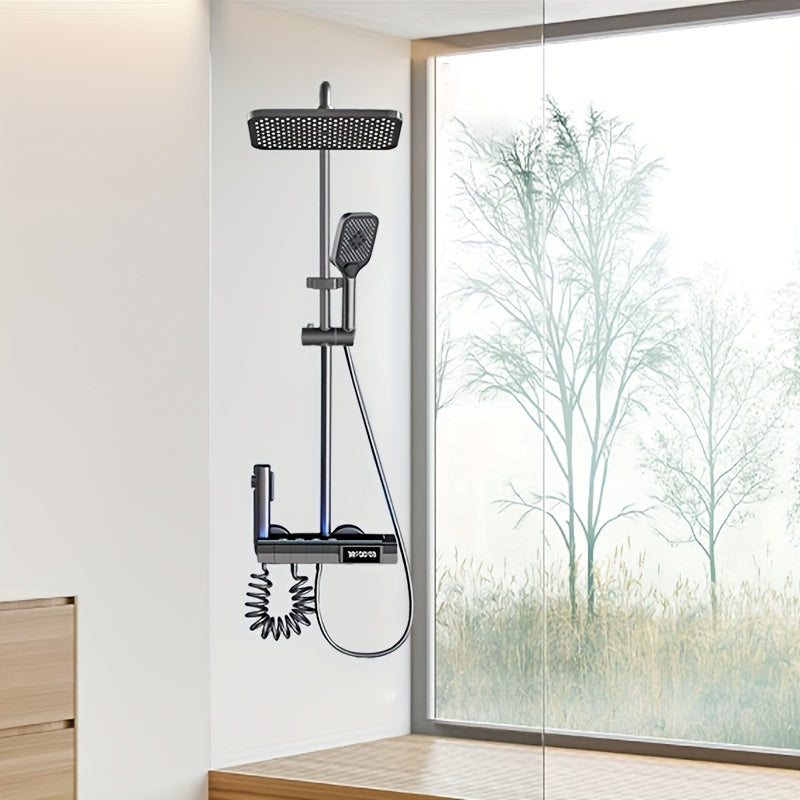 Grey LED Shower System Brass Faucet Set Wall Mount Rain Mixer Combo Set