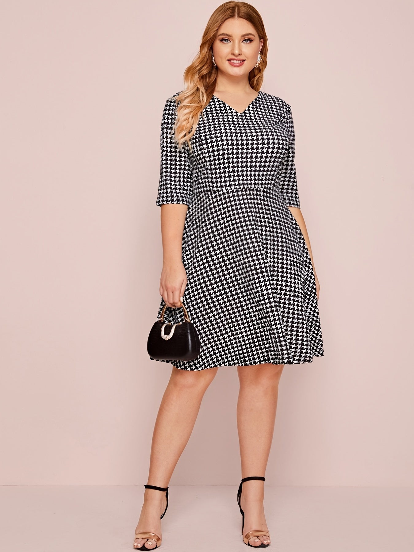 Houndstooth V Neck Midi Dress Women's Stretch Dress
