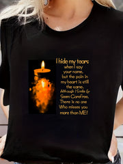 Burning Candle & Letter T-shirt Short Sleeve Sports Top Summer Tee