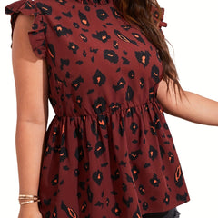 Leopard Print Ruffle Trim Peplum Shirt Top