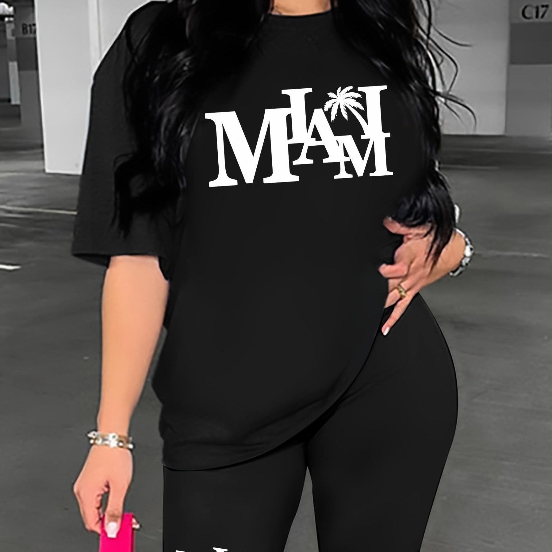 Miami Letter Print Set Crew Neck Tee & Slim Shorts