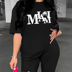 Miami Letter Print Set Crew Neck Tee & Slim Shorts