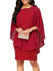 Solid Round Neck 3 4 Sleeve Cape Midi Dress Women's Plus