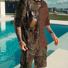 Deer And Branch 3d Pattern Men's 2 Piece Outfits T-shirt And Shorts Set