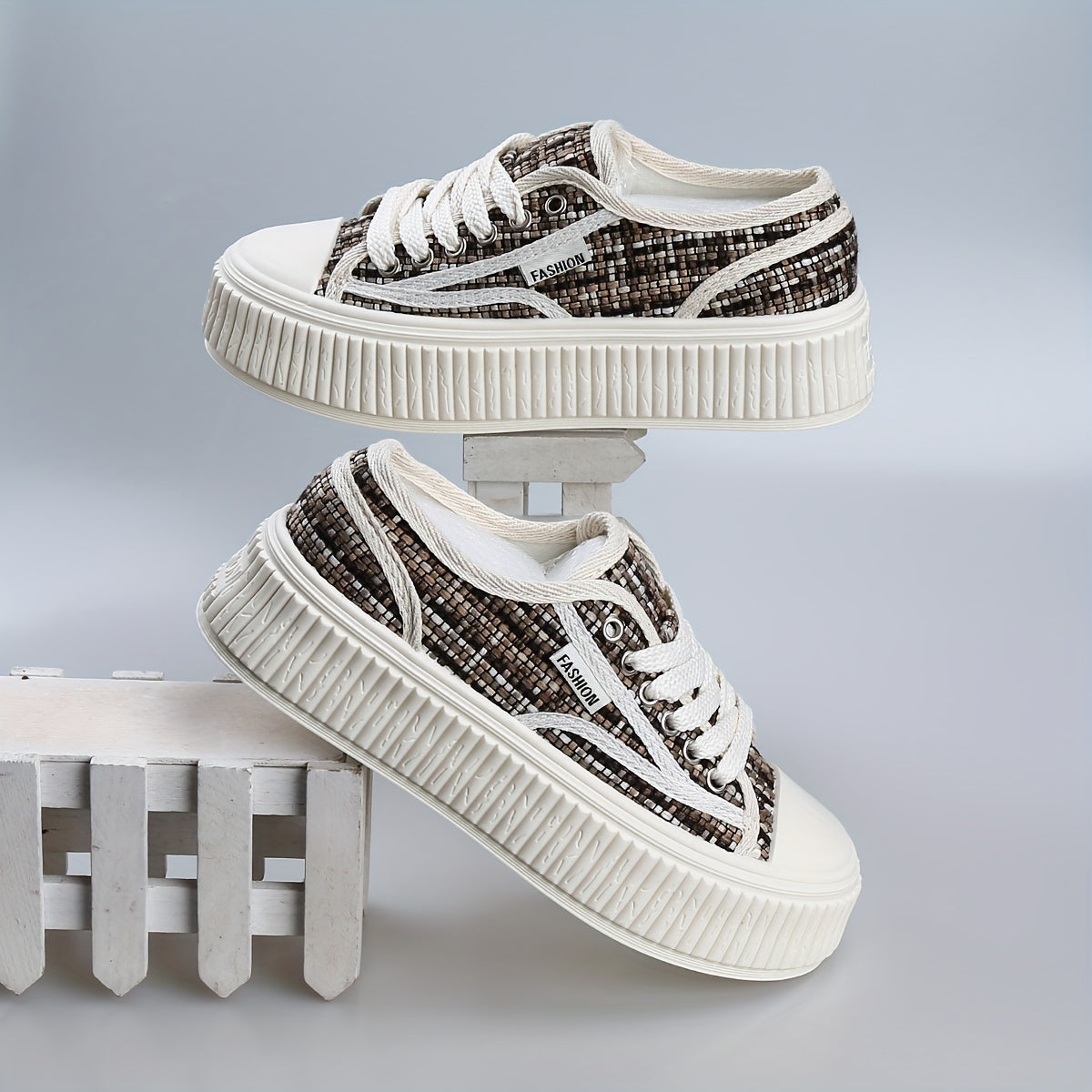 Brown Platform Canvas Shoes Lace Up Outdoor Sneakers