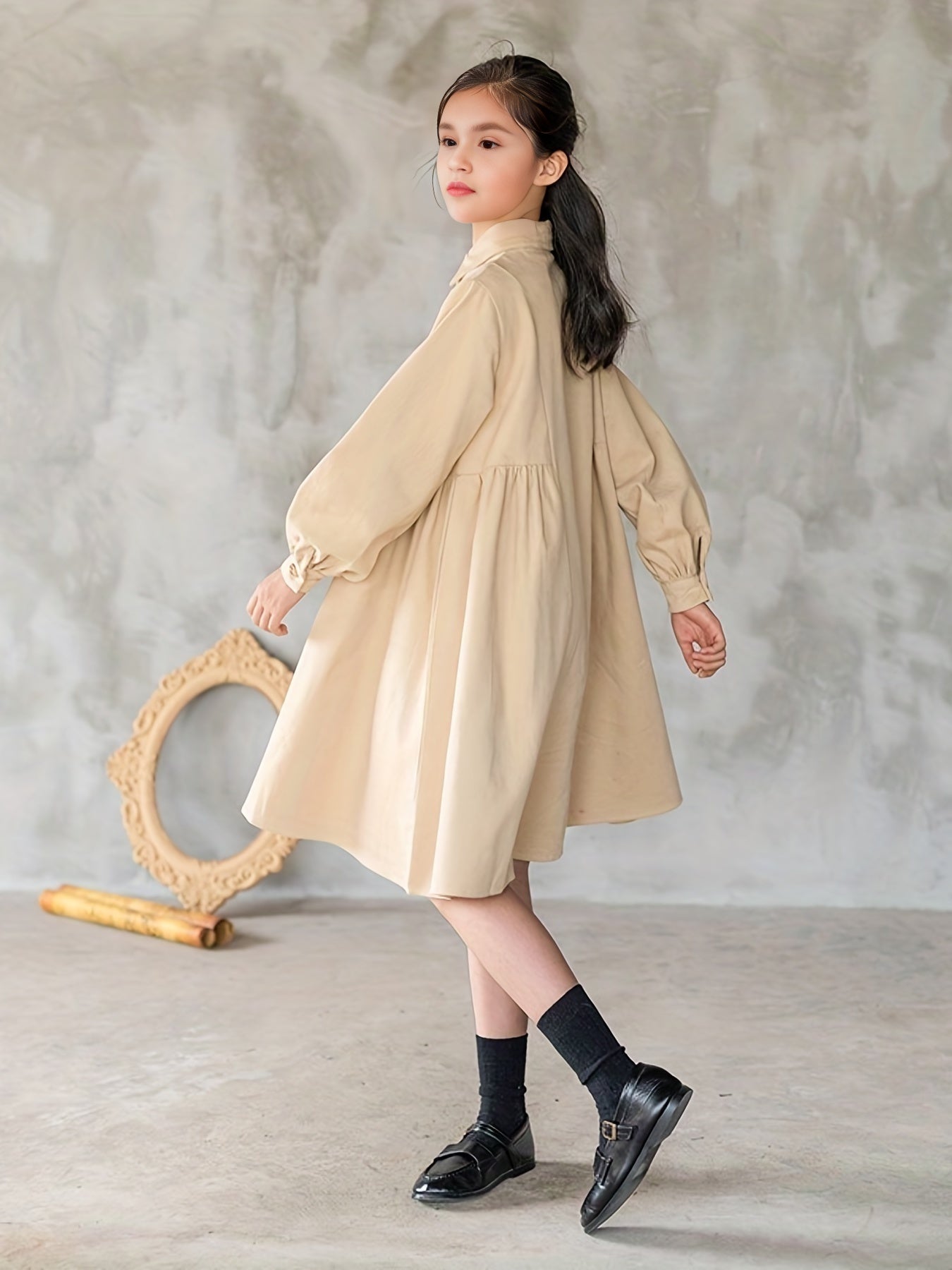 Girls Comfy Cotton Lapel Dress Thick Lantern Sleeve Button Up Dress