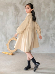 Girls Comfy Cotton Lapel Dress Thick Lantern Sleeve Button Up Dress