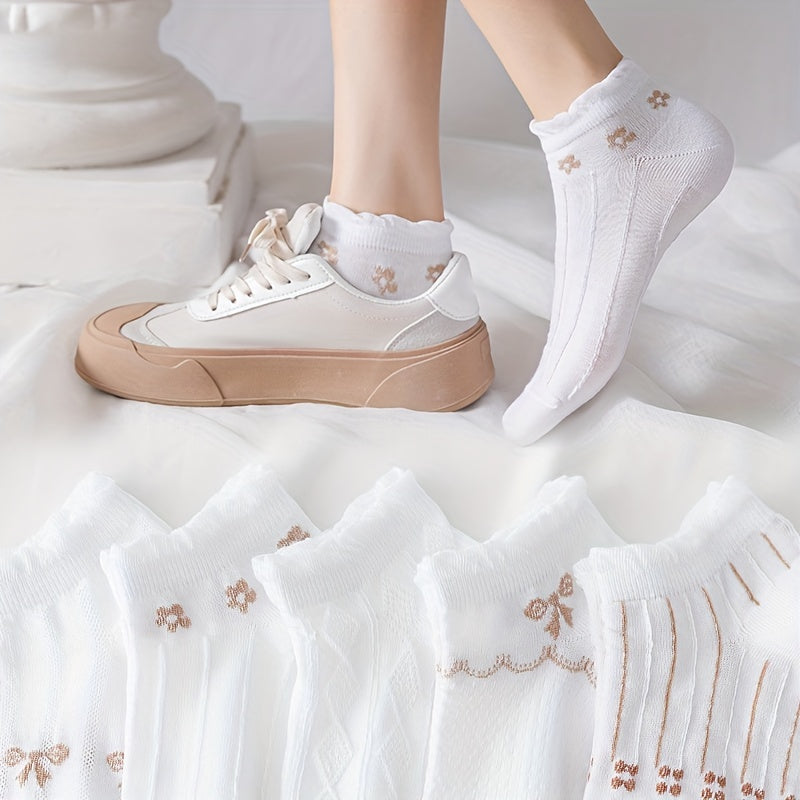 5 Pairs Bow Print Socks Sweet & Ruffle Short Socks