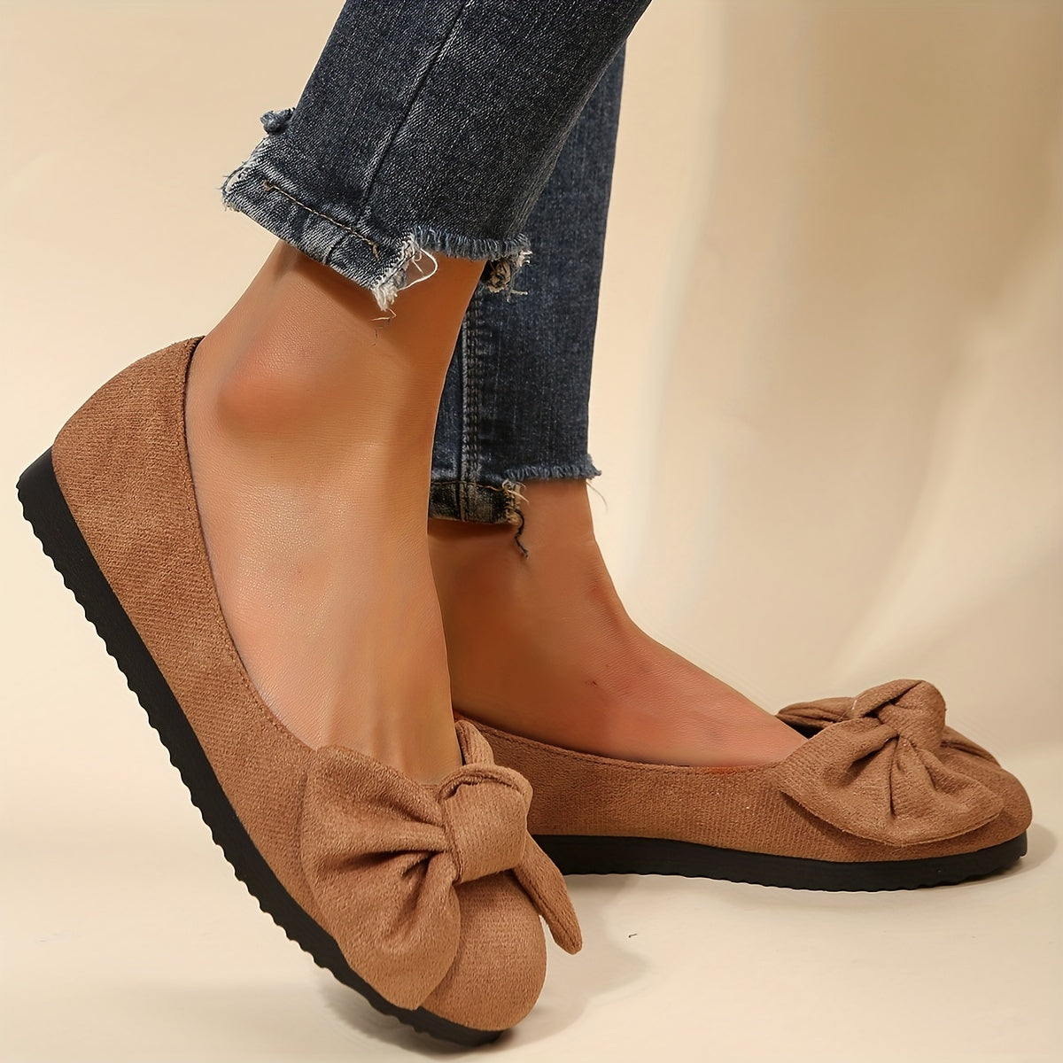 Women's Bow Tie Decor Flat Shoes Slip on Round Toe Lightweight Solid Casual Shoe