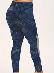 Denim Print Button Decor Top & Leggings Set