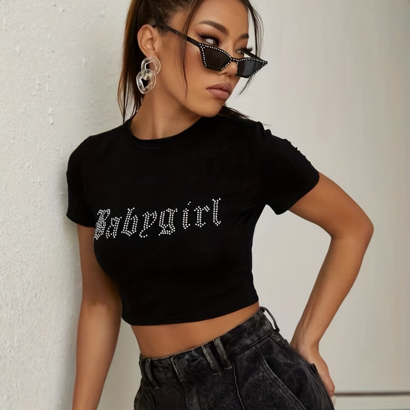 Rhinestone Letter Crop Tee Y2K Crew Neck Women's Clothing