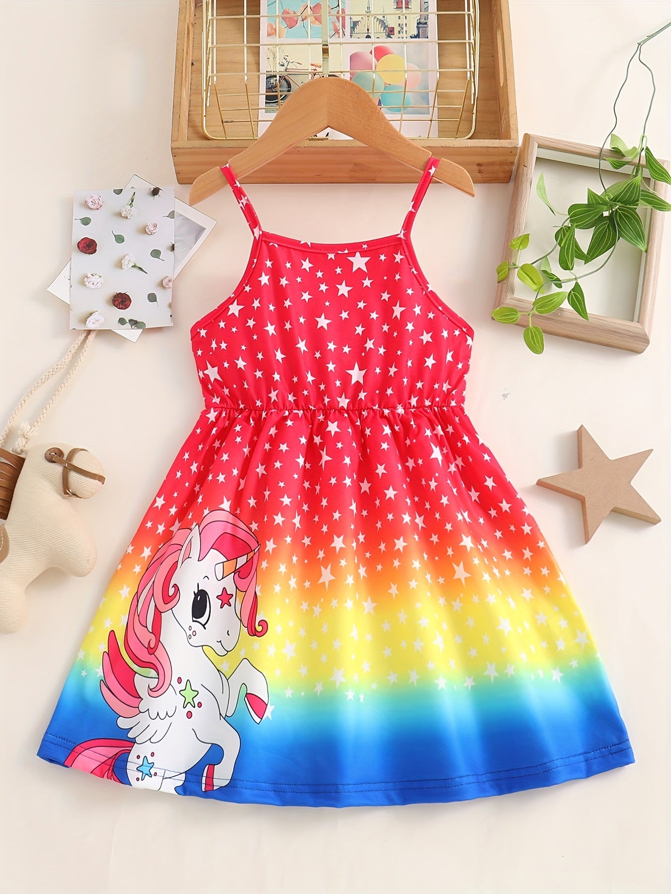 Girls Unicorn Print Spaghetti Strap Casual Dress Knee Length
