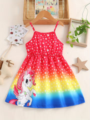 Girls Unicorn Print Spaghetti Strap Casual Dress Knee Length