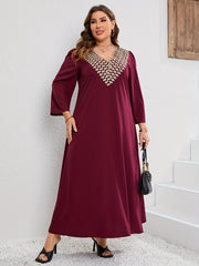 Solid Applique Long Sleeve V Neck Maxi Dress
